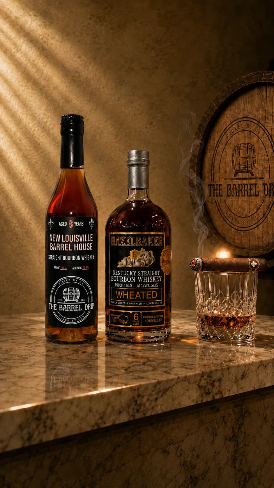 The Barrel Drip lounge, curated bourbons and wines on marble